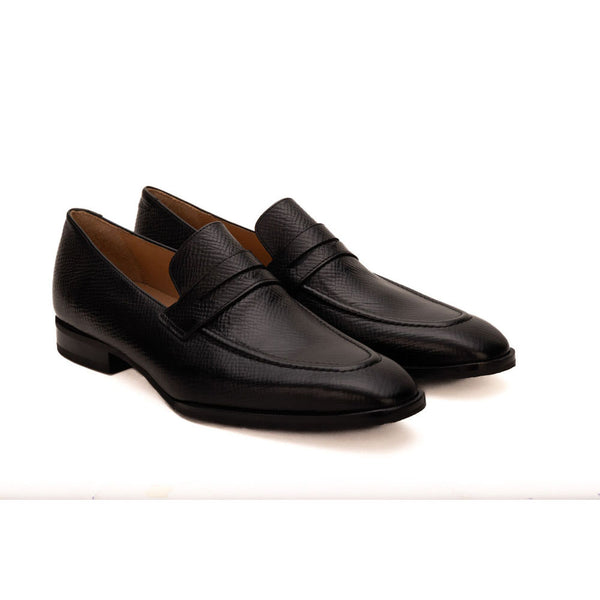 Black Hatch Grain Square Toe Penny Loafers