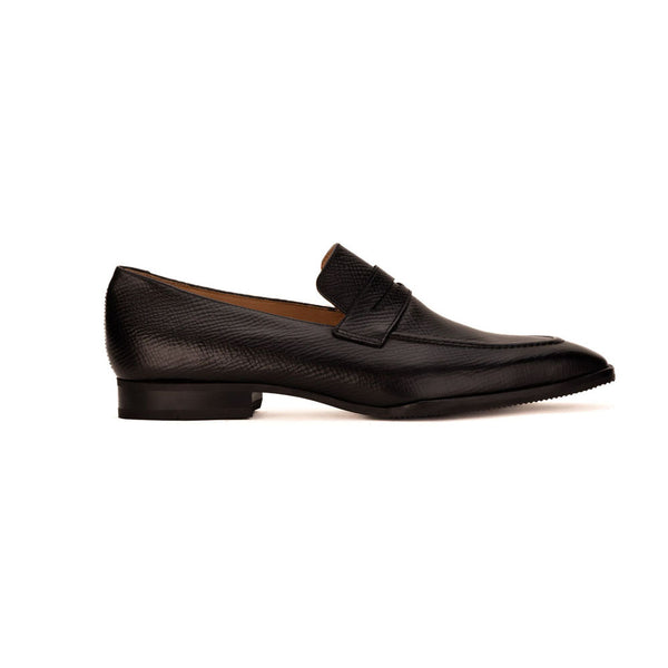 Black Hatch Grain Square Toe Penny Loafers