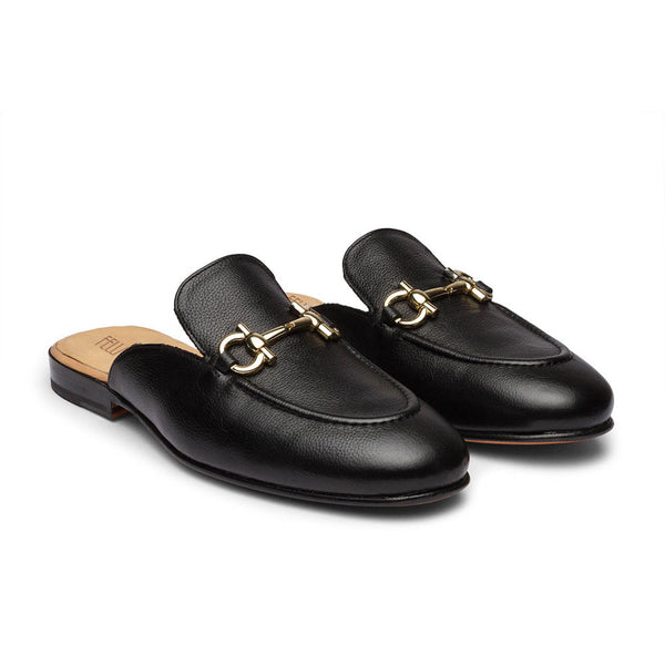 Black Soft Milled Leather Buckle Mules