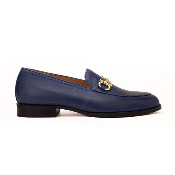 Blue Handpainted Buckle Loafer With Croco Detail