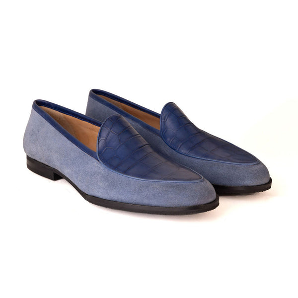 Blue Suede Loafer With Croco Blue Vamp
