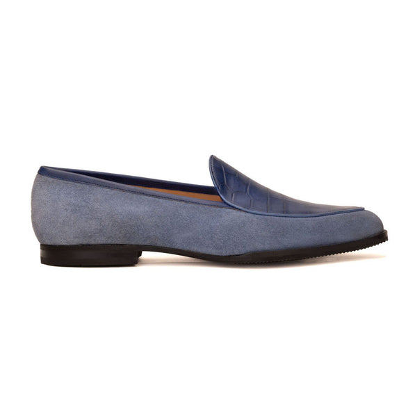 Blue Suede Loafer With Croco Blue Vamp