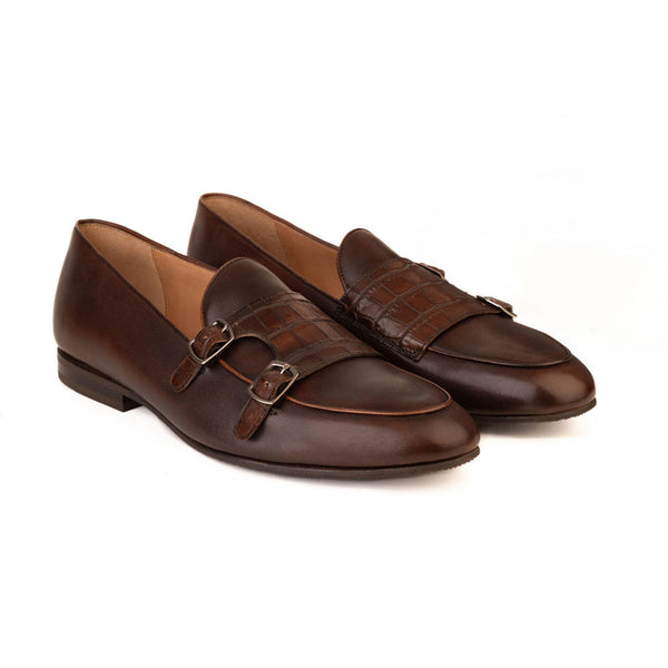Brown Batwing Loafers With Croco Detail