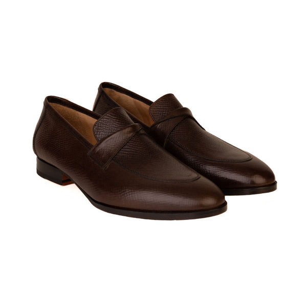 Brown Hatch Grain Twisted Strap Loafers
