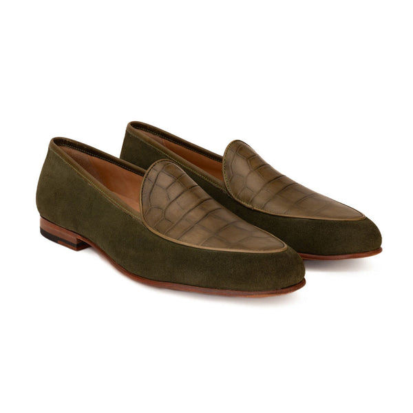 Olive Green Suede Loafer With Croco Green Vamp