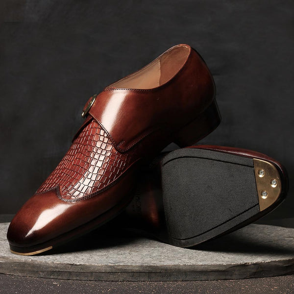Brown Mirror Glossed Single Monk with croco detail and metal toe