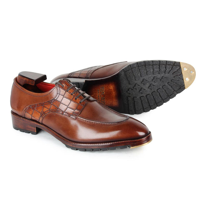 Brown Mirror Glossed Patina Croco Saddle Derby with Metal toe plate + Commando sole