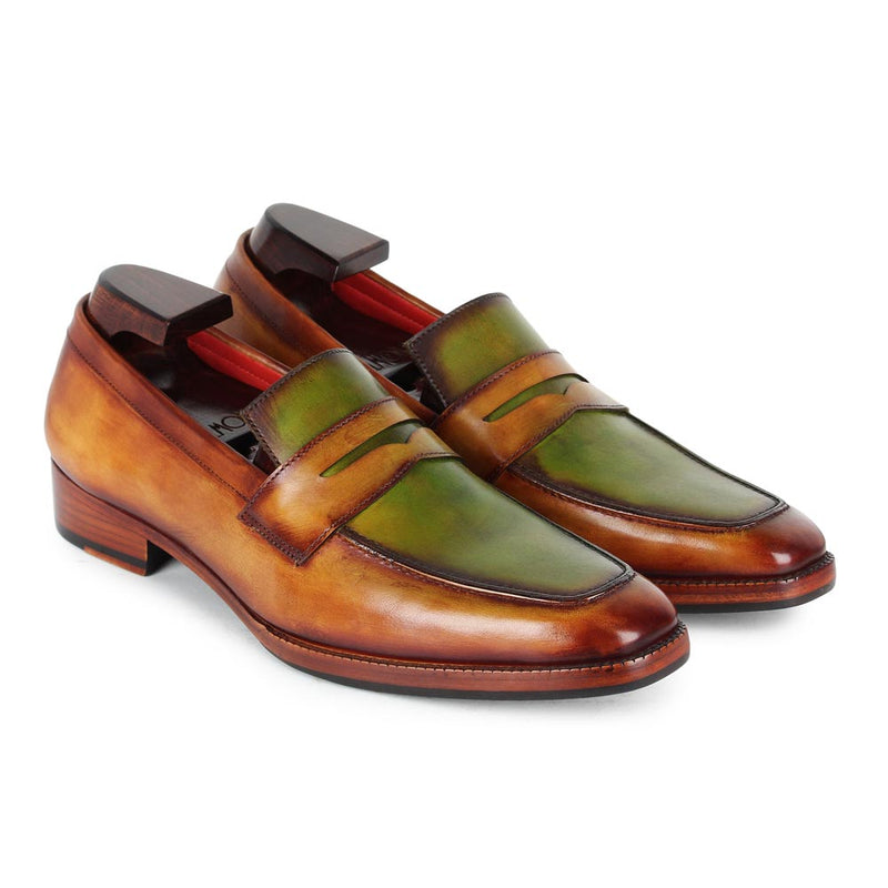 Tan + Green Dual Tone Mirror Glossed Patina Penny Loafers