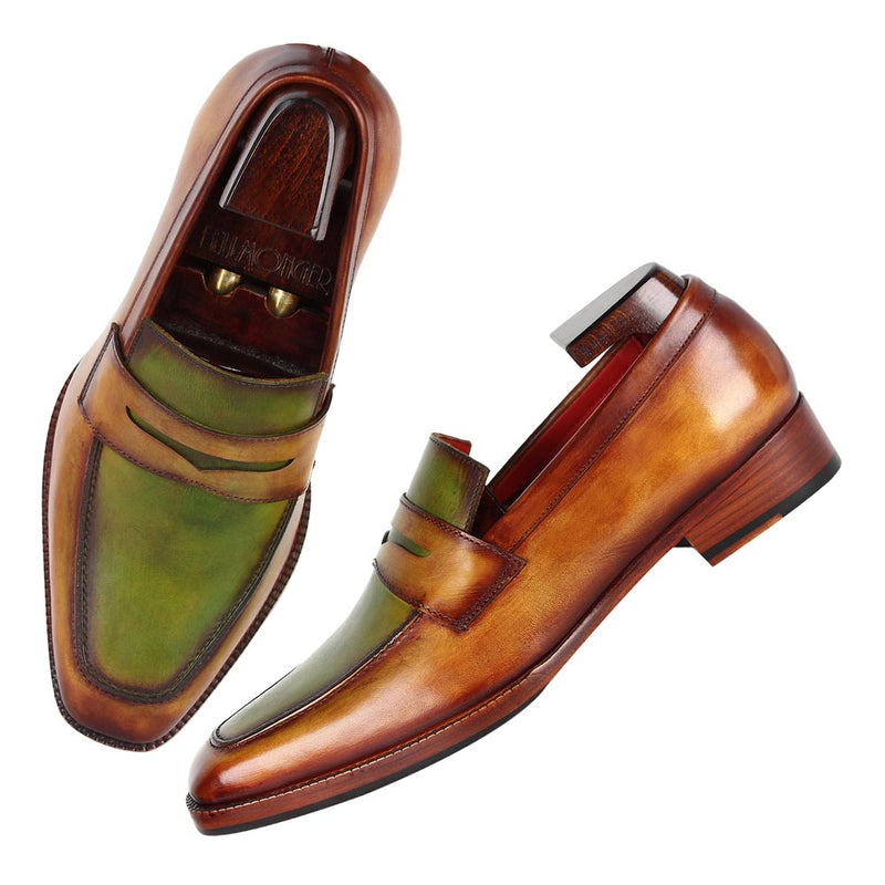 Tan + Green Dual Tone Mirror Glossed Patina Penny Loafers