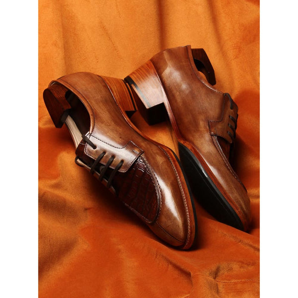 Wooden Brown Mirror Glossed Patina with Croco Detail + Cuban Stacked Heel