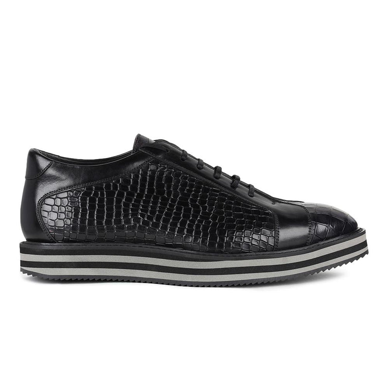 Black Croco Mirror Glossed Patina Platform Sneakers