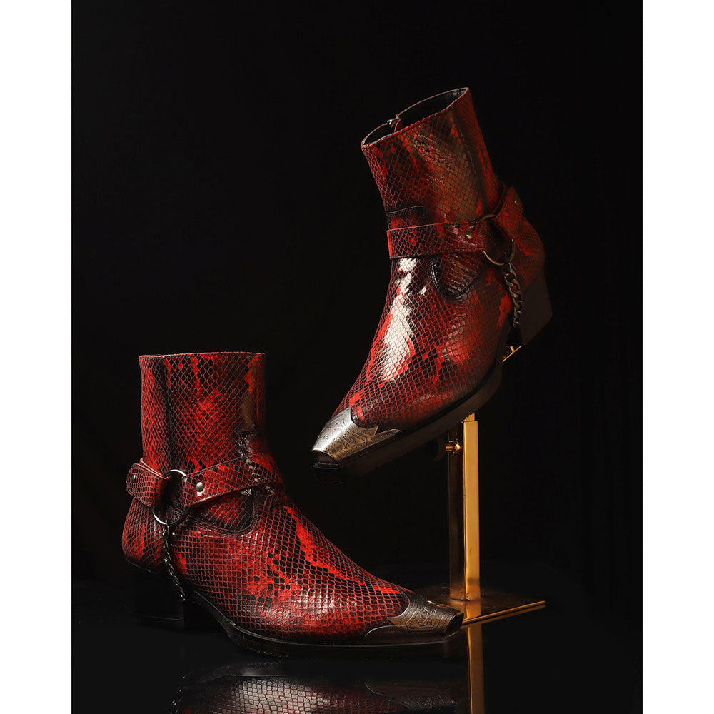 Red Python Foil Cowboy Chain Boots Silver Detailed Wingcap+ Cuban Heels