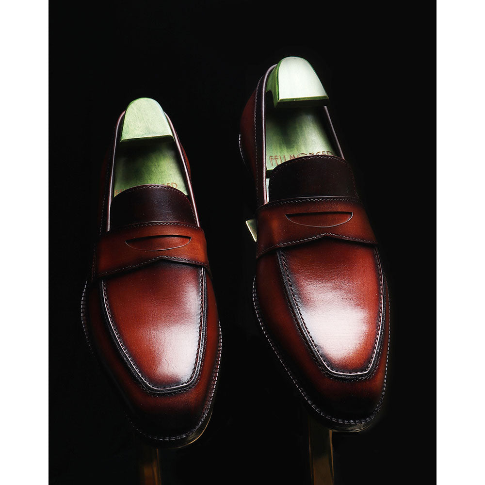 Tan Goodyear Welted Mirror Glossed Patina Penny Loafers Fiddle Back Waist Metal Toe