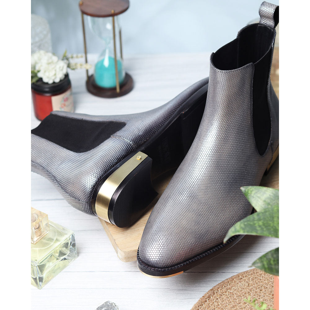 Silver Metallic Patina Mirror Glossed Textured Chelsea Boot Metal Heel Metal Toe