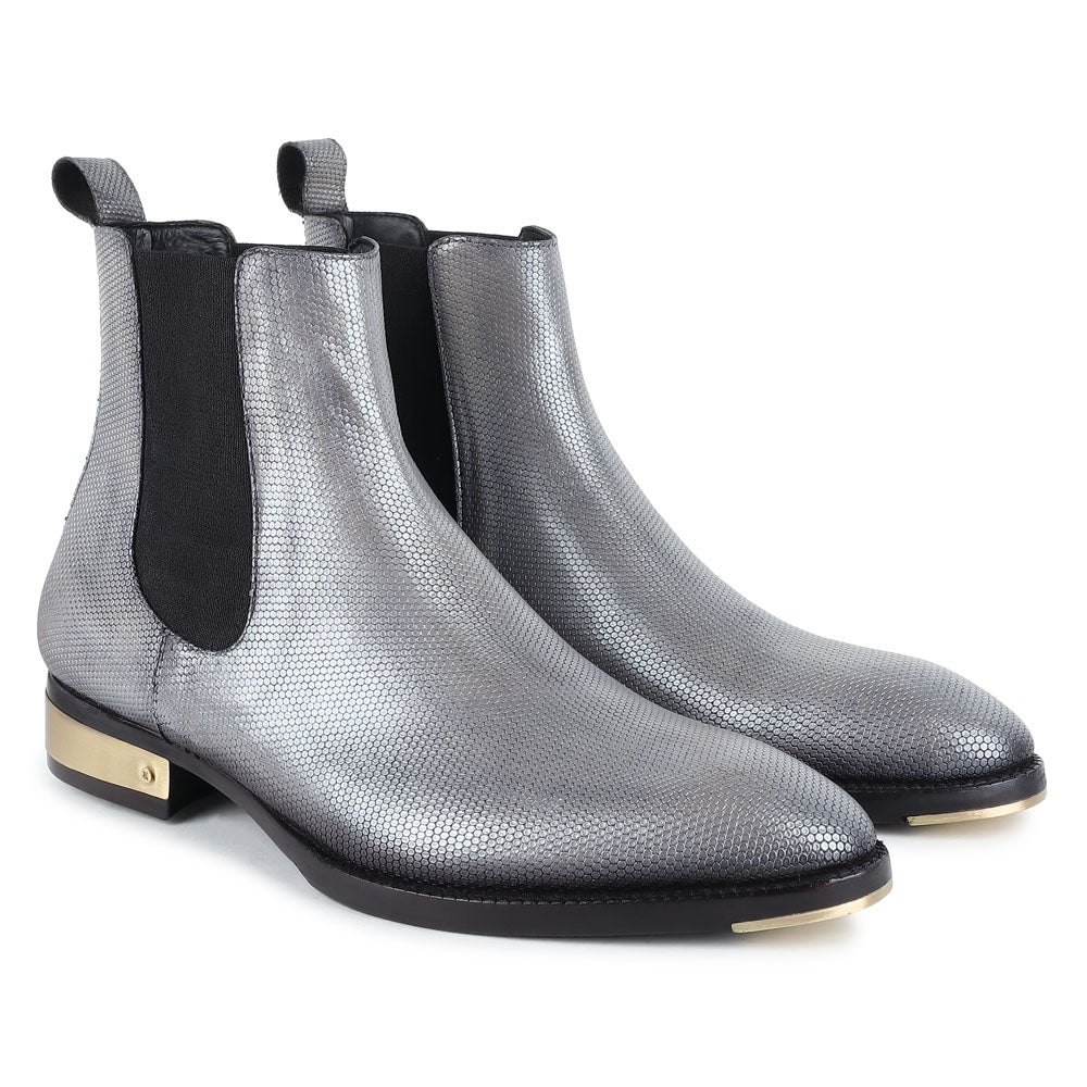 Silver Metallic Patina Mirror Glossed Textured Chelsea Boot Metal Heel  Metal Toe