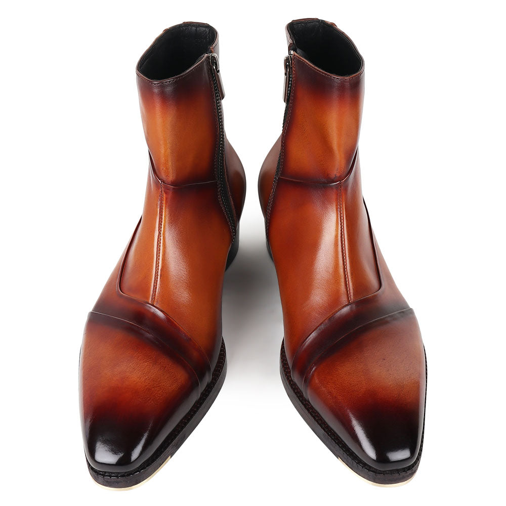 Tan Mirror Glossed Patina Assymetric Zip Boot + Metal Toe – FELLMONGER