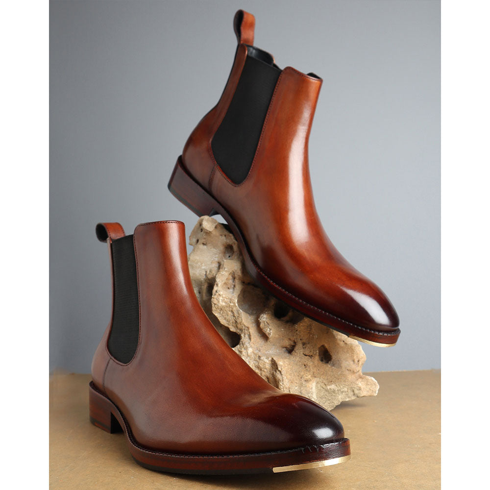 Tan Mirror Glossed Patina Classic Chelsea Boots Metal Toe