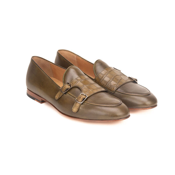 Olive Green Batwing Loafers With Croco Detail