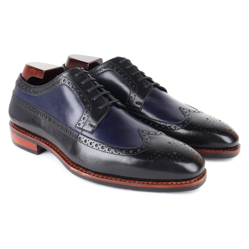 Black + Navy Blue Goodyear Welted Mirror Glossed Classic Longwing Derby With Dainite Leather Stack Sole