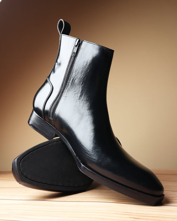 Black Brushed Leather Spade Sole Zip Boots With Counter Detail