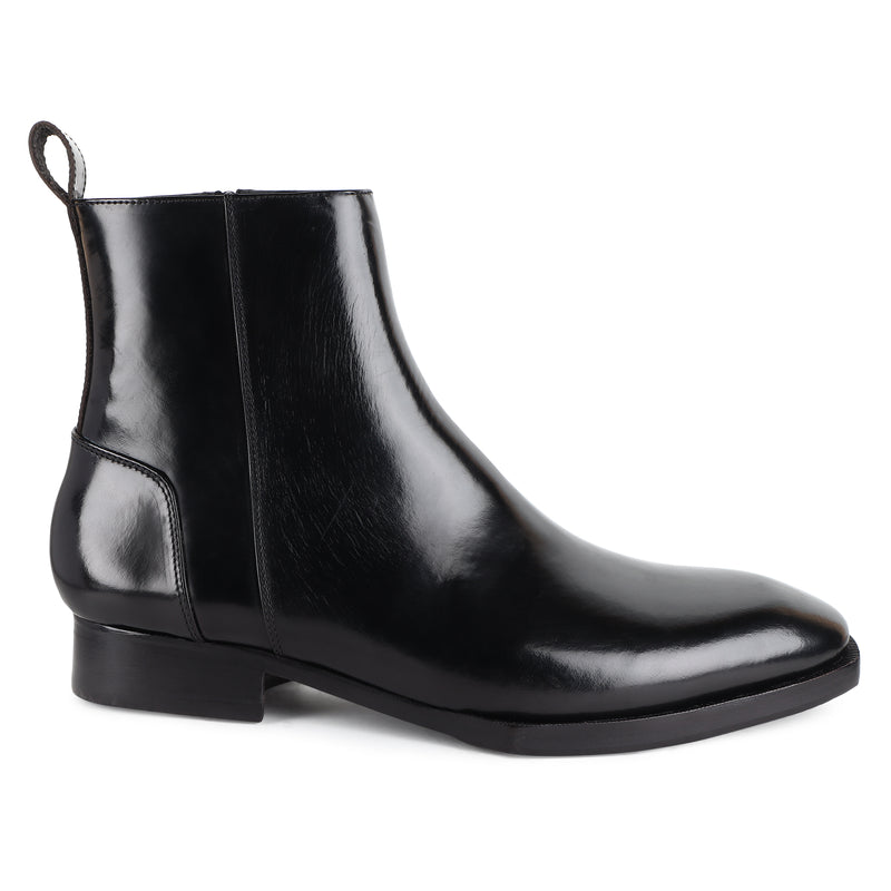 Black Brushed Leather Spade Sole Zip Boots With Counter Detail