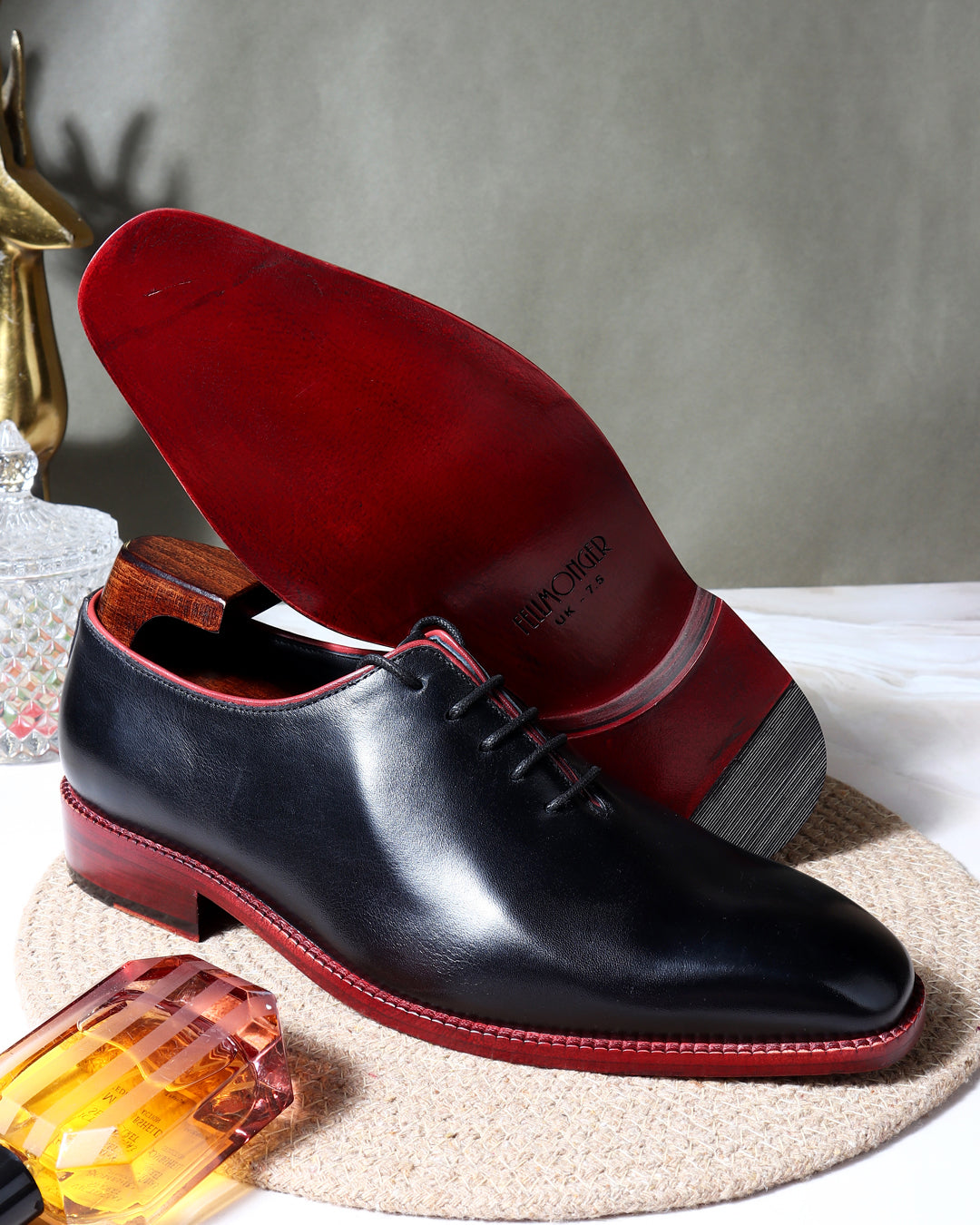 Black Brushed Leather With Red Piping Wholecuts Red Sole