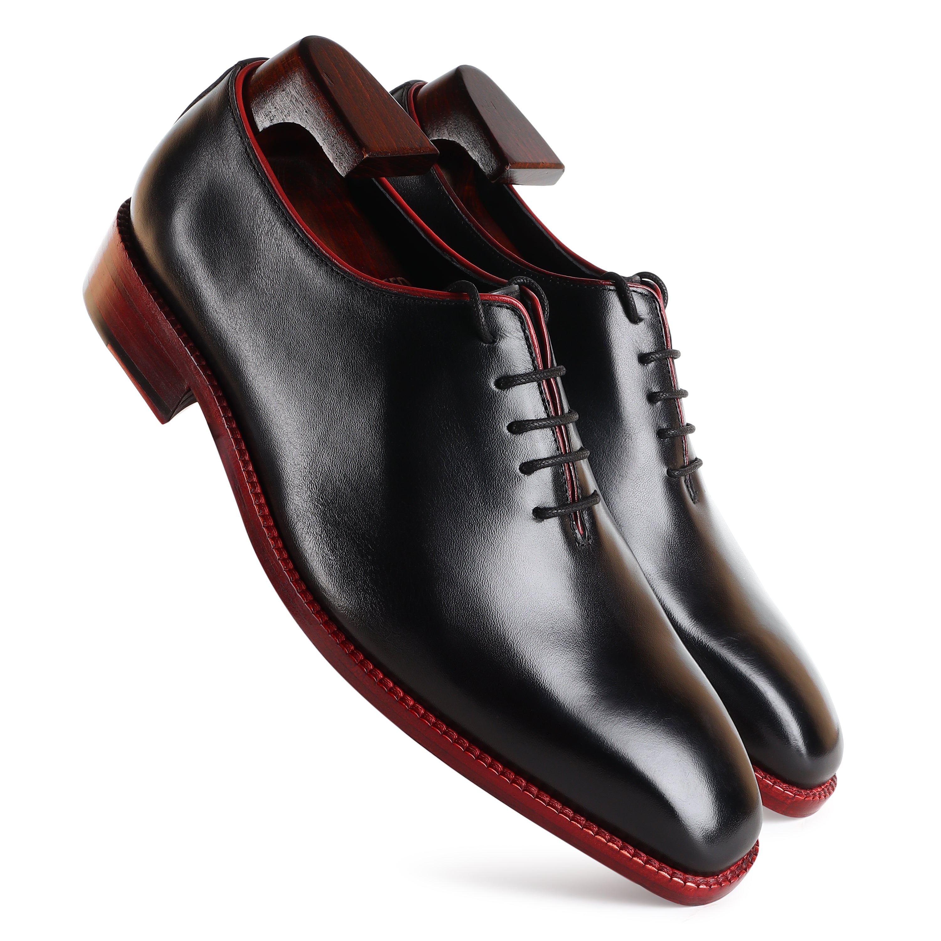 Black Brushed Leather With Red Piping Wholecuts Red Sole