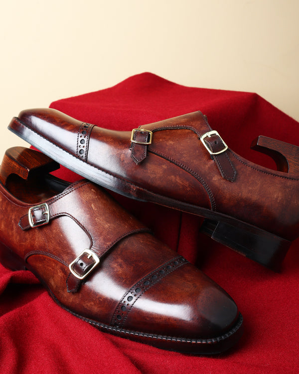 Brown Mirror Glossed Museum Calf Effect Patina Double Monk Straps