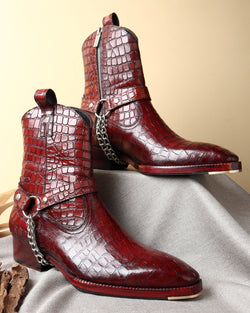 Burgundy Croco Mirror Glossed Harness Silver Chain Boots + Metal Toe Plate