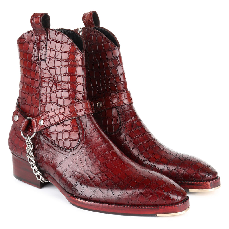 Burgundy Croco Mirror Glossed Harness Silver Chain Boots + Metal Toe Plate
