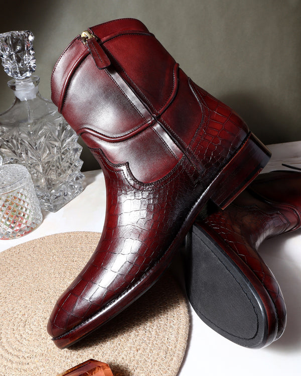 Burgundy Patina Mirror Glossed Croco Detail Cowboy Zip Boot
