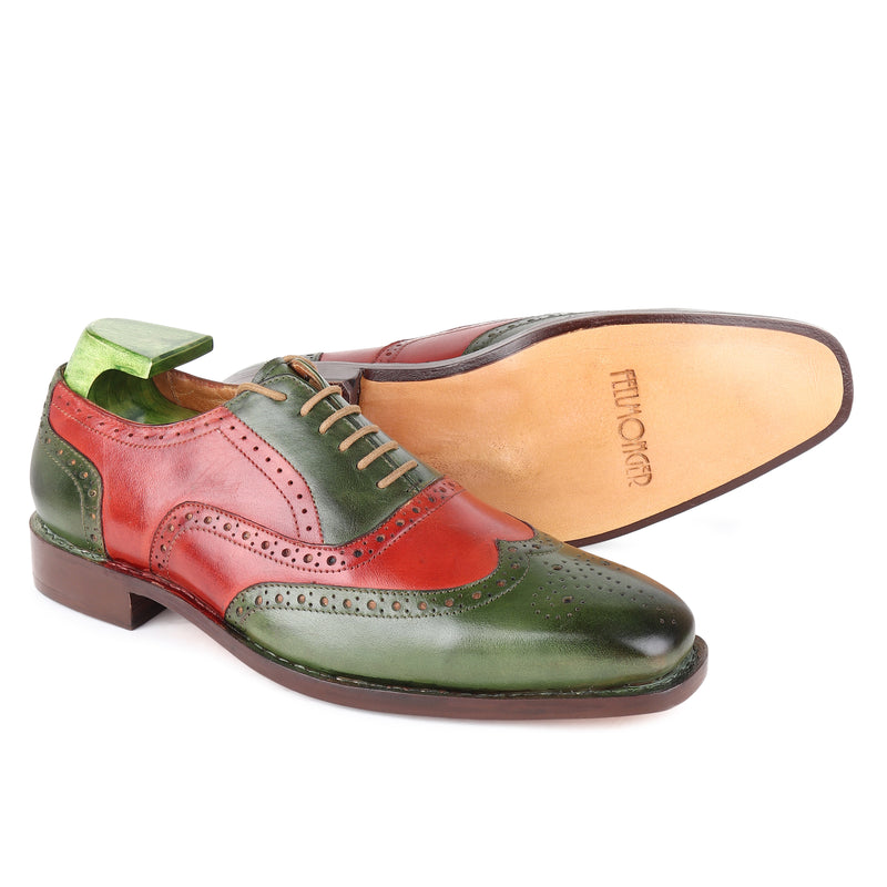 Green + Red Mirror Glossed Patina Goodyear Welted Full Brogue Square Toe Oxfords