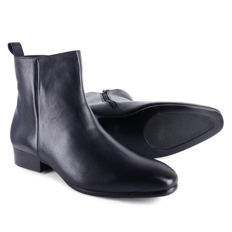 Navy Blue Glossed Classic Zip Square Toe Boots