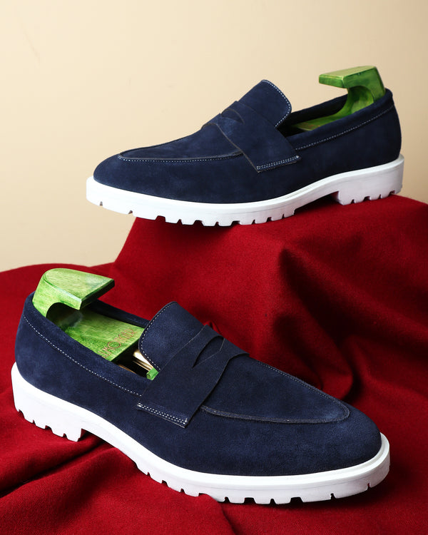 Navy Suede Classic Penny Loafer With White Extralightweight Commando Chunky Sole