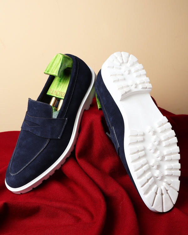 Navy Suede Classic Penny Loafer With White Extralightweight Commando Chunky Sole