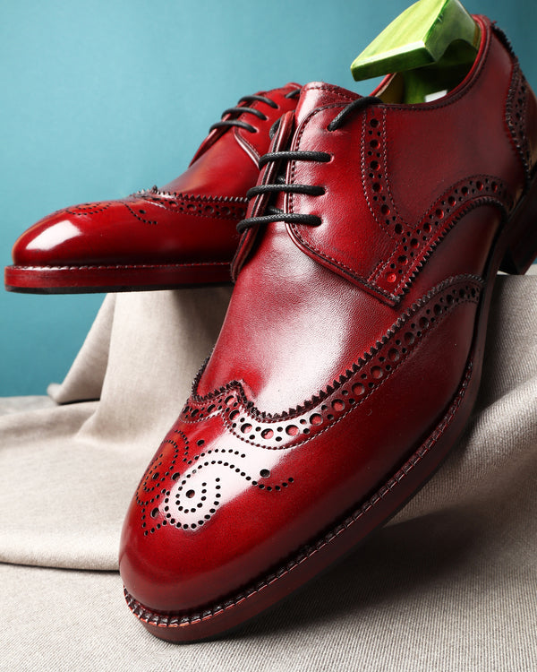 Red Patina Mirror Glossed Brogue Derby With Medallion