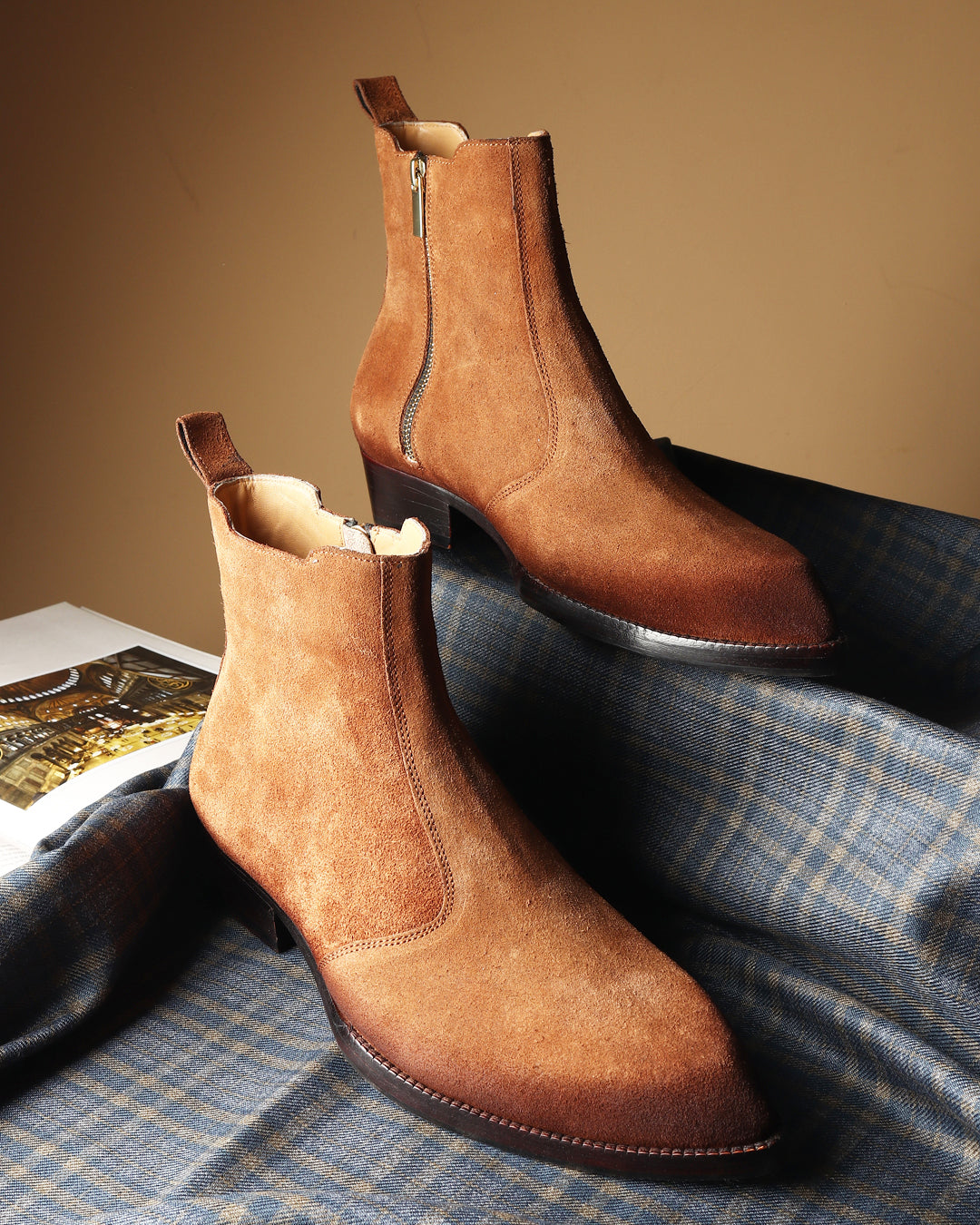 Suede Brown Zipper Boots Men Brown Zipper Zipped Suede Leather