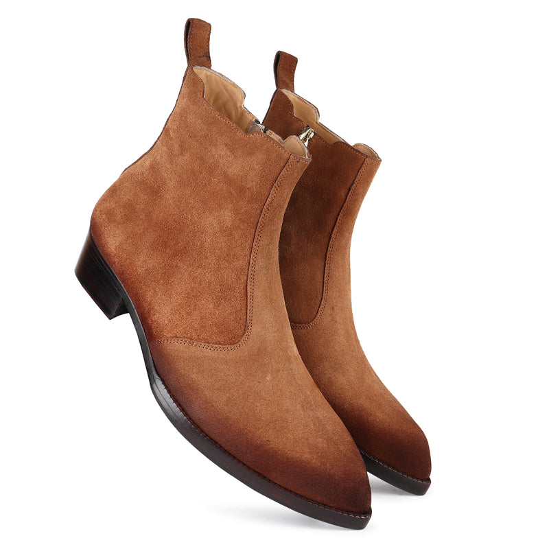 Tan Burnished Suede Pointed Zip Boots