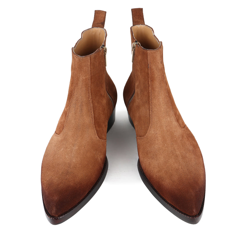 Tan Burnished Suede Pointed Zip Boots