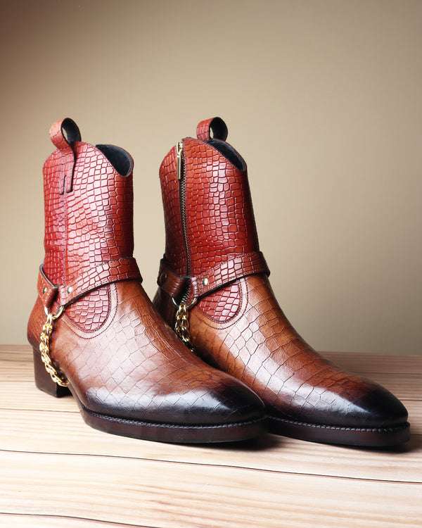Tan Croco Mirror Glossed Patina Golden Chain Cowboy Boots