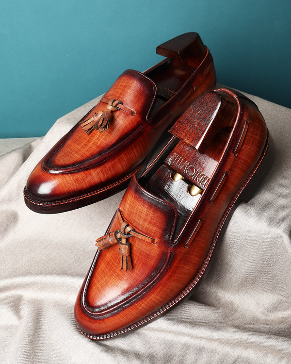Tan Mirror Glossed Check Patina Tassel Loafer