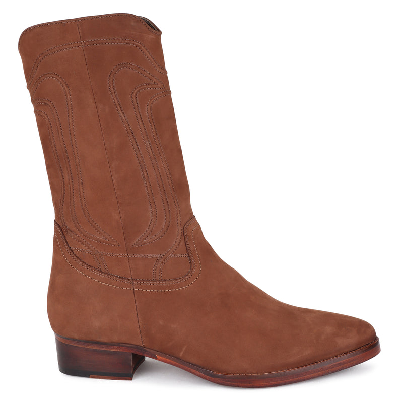 Tan Nubuck Long Zip Western Boots With Cowboy Piping Detail