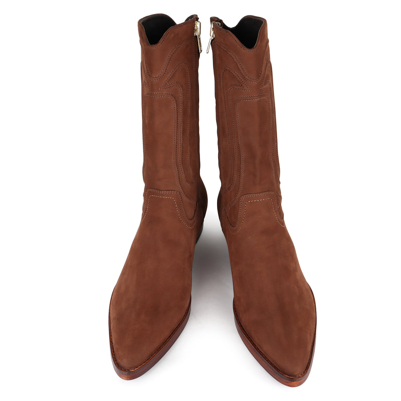 Tan Nubuck Long Zip Western Boots With Cowboy Piping Detail