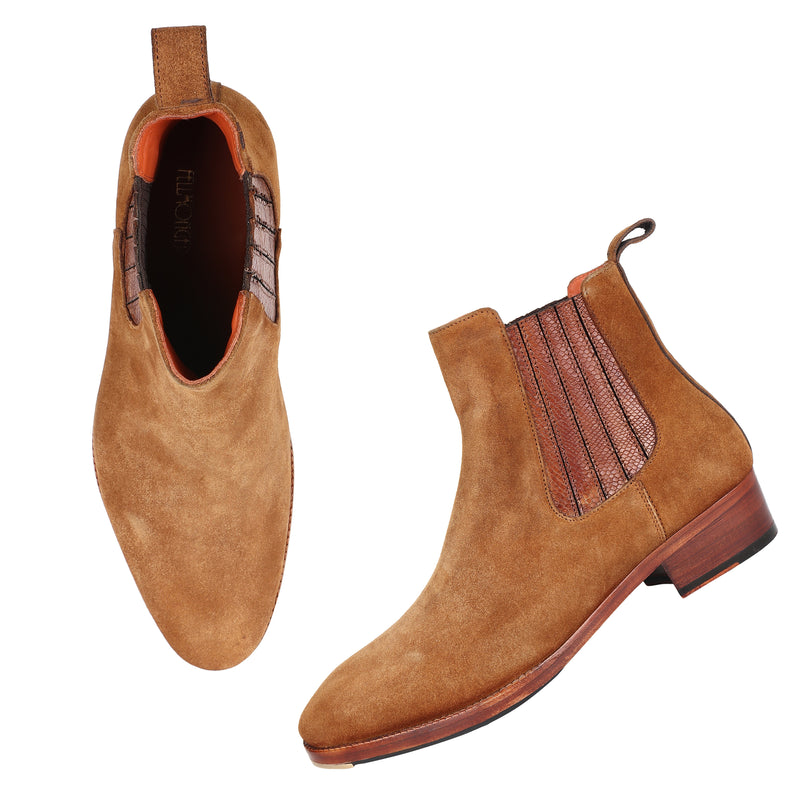 Tan Suede Modern Chelsea Boot With Leather Elastic + Metal Toe