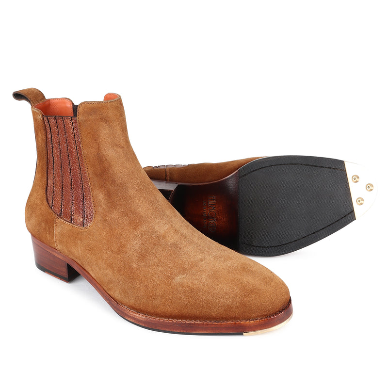 Tan Suede Modern Chelsea Boot With Leather Elastic + Metal Toe