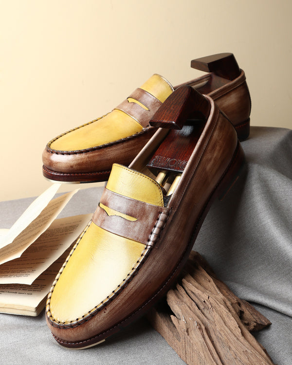 Wooden + Yellow Mirror Glossed Patina Mocassins Slipons With Metal Toe Plate