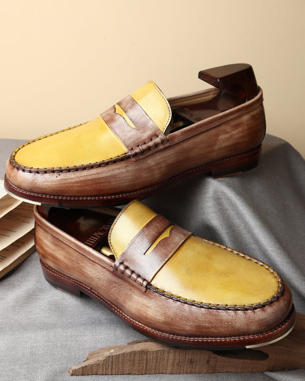Wooden + Yellow Mirror Glossed Patina Mocassins Slipons With Metal Toe Plate