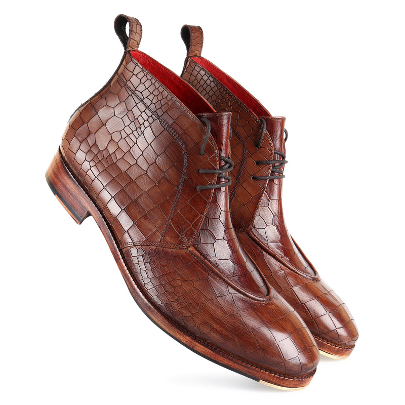Wooden Brown Mirror Glossed Patina Croco Detail Chukka Boots + Metal Toe Plate