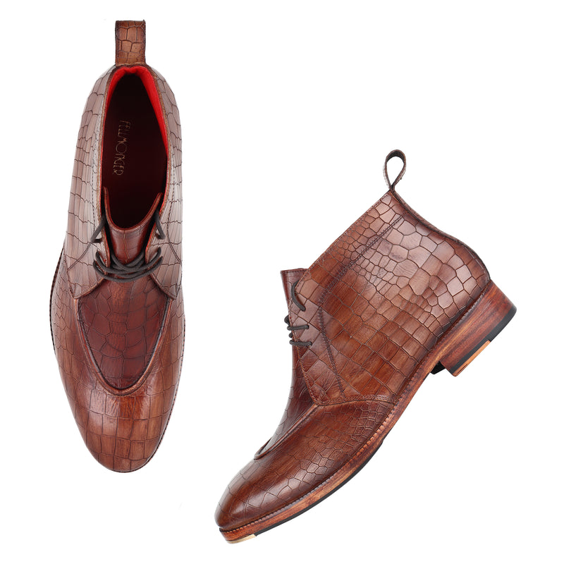 Wooden Brown Mirror Glossed Patina Croco Detail Chukka Boots + Metal Toe Plate