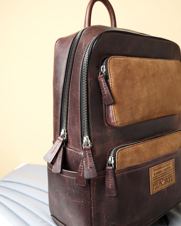 Brown Vintage Leather Bagpack With Suede Detail